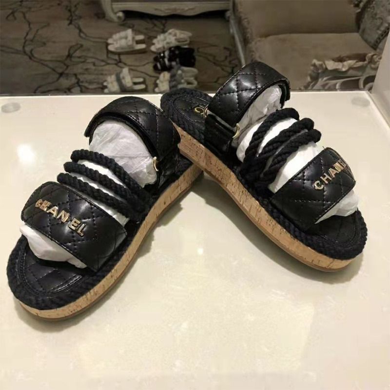 Ch*el 21s dad cord black rope quilted gold cc logo mule slides
