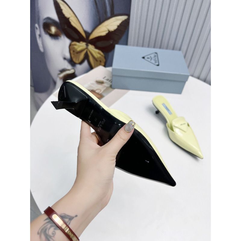 Pra*a logo patent leather pointy toe mule slide light yellow