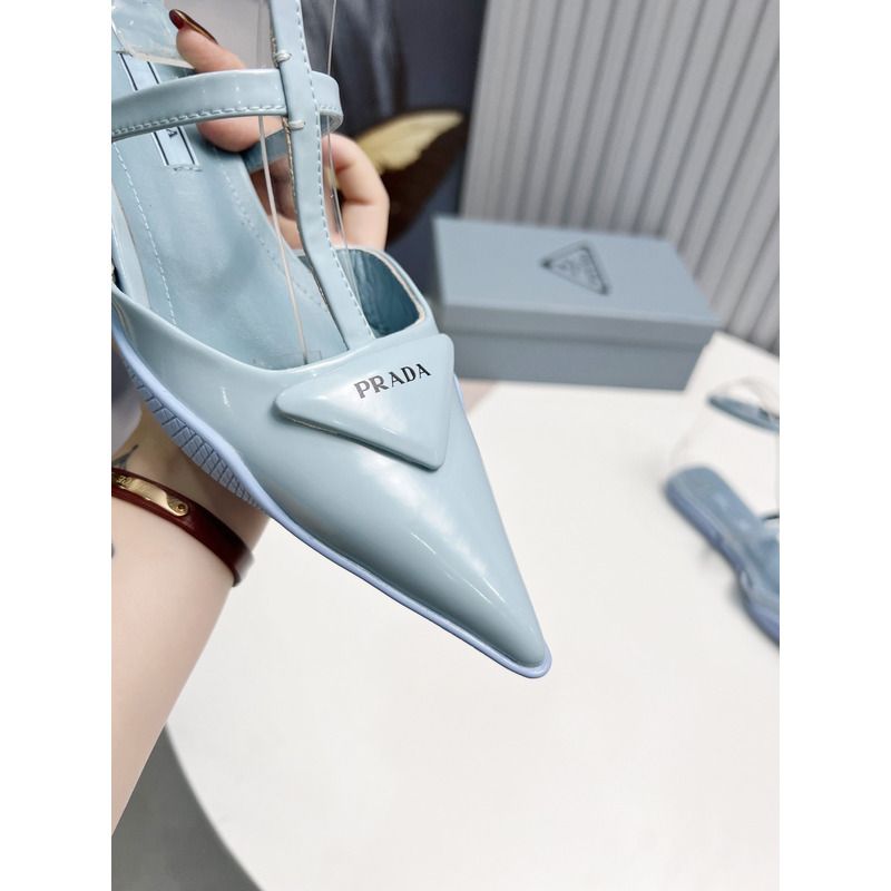 Pra*a logo patent leather pointy toe flat sandals blue
