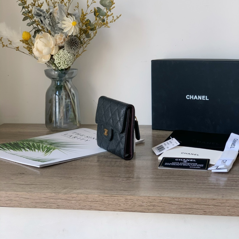 Ch*el classic small flap wallet gold tone metal black