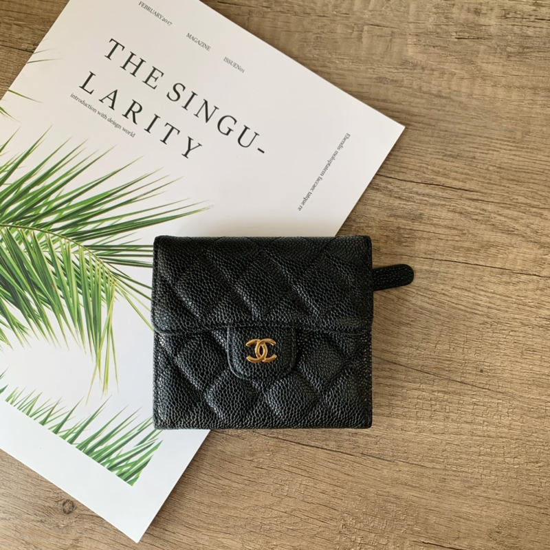 Ch*el classic small flap wallet gold tone metal black