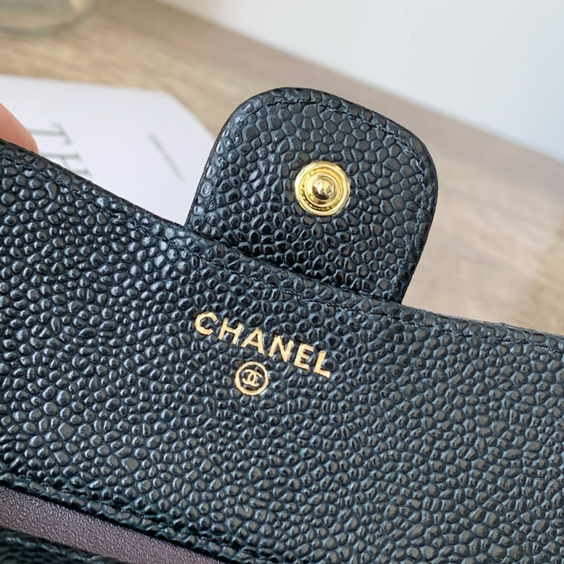 Ch*el classic small flap wallet gold tone metal black
