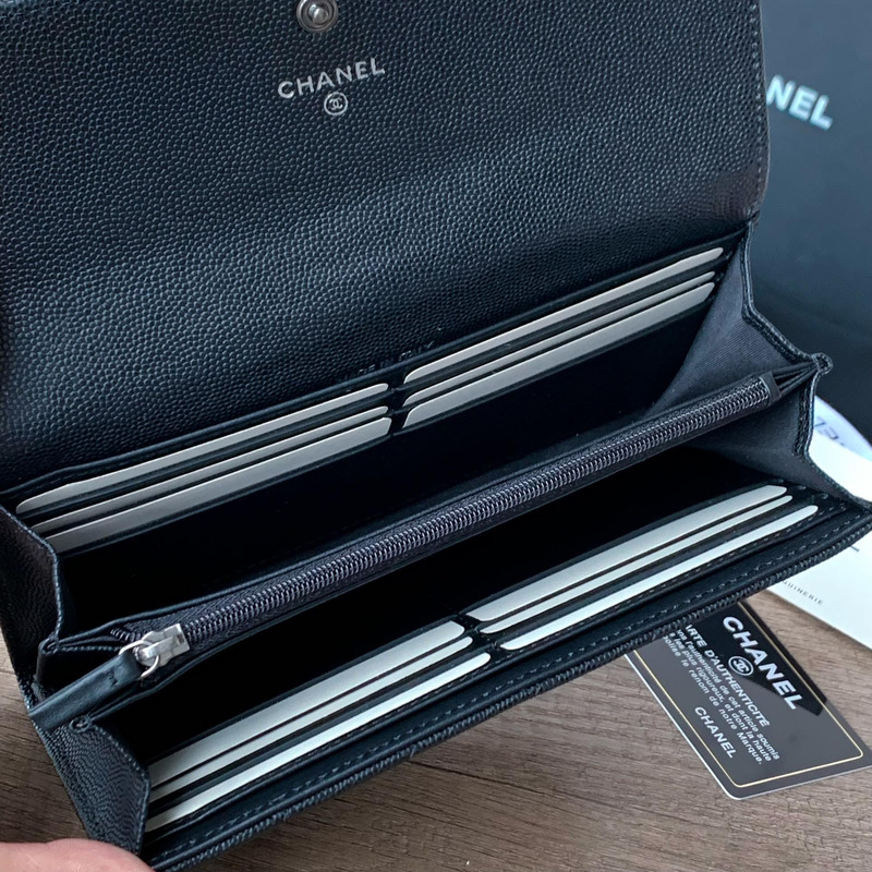 Ch*el 2.55 long flap wallet silver tone metal black