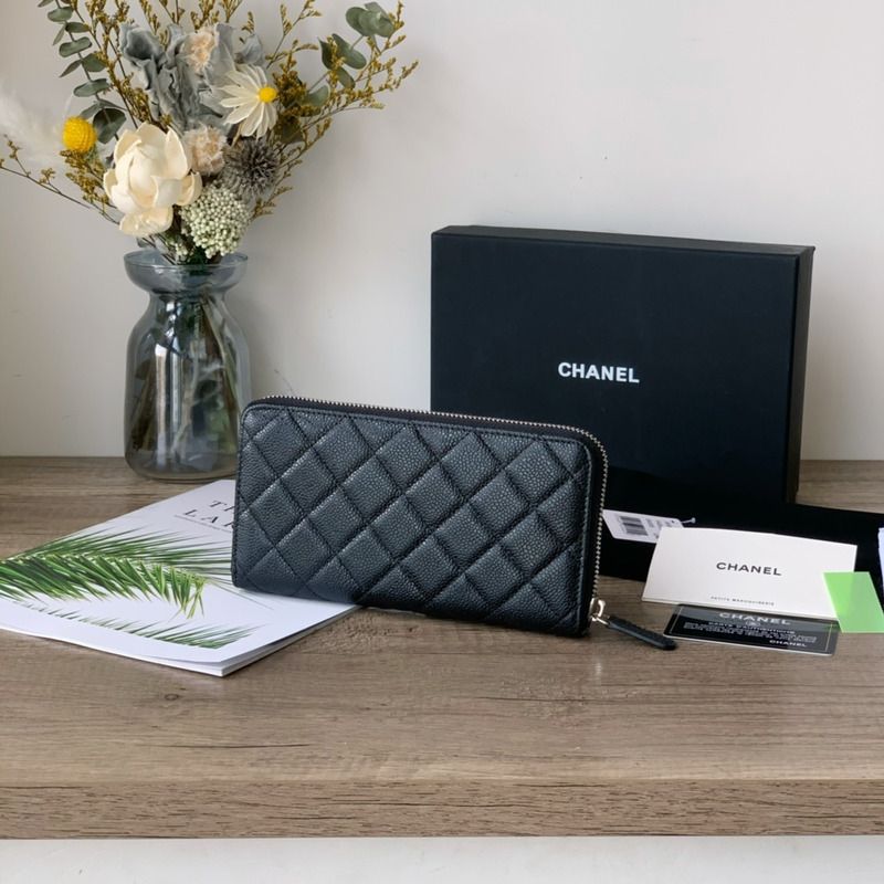 Ch*el classic long zipped wallet silver tone metal black