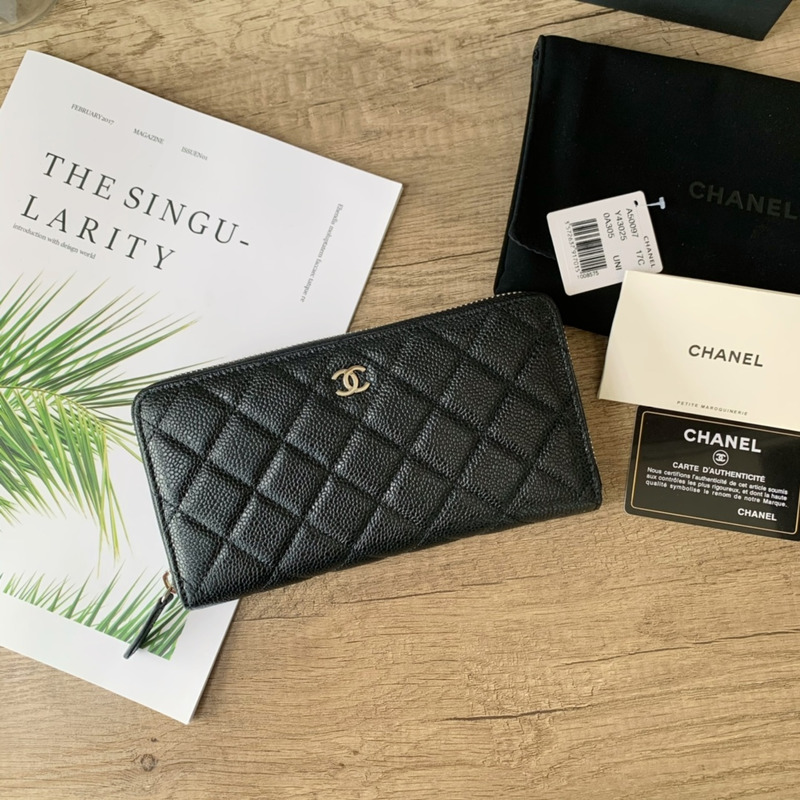 Ch*el classic long zipped wallet silver tone metal black