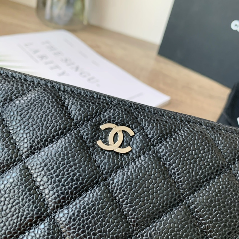 Ch*el classic long zipped wallet silver tone metal black