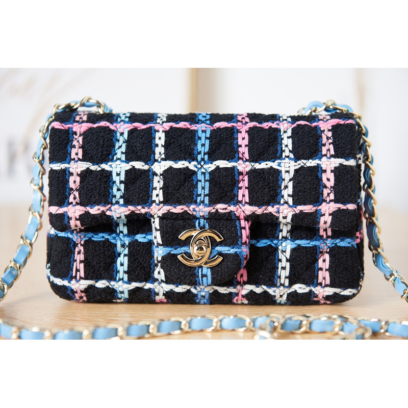Ch*el mini flap bag gold tone metal black & multicolour