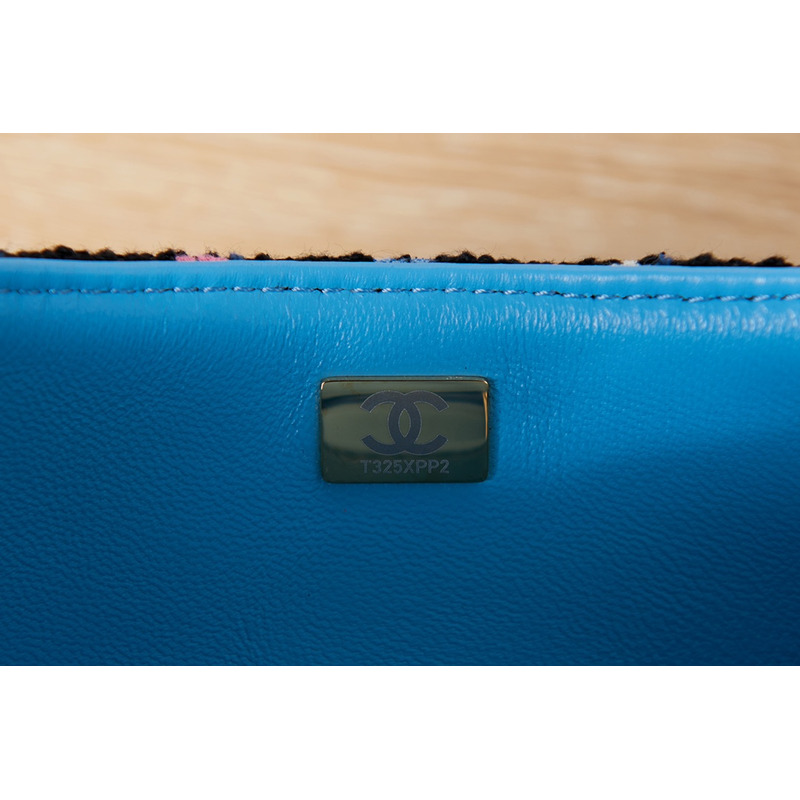 Ch*el mini flap bag gold tone metal black & multicolour