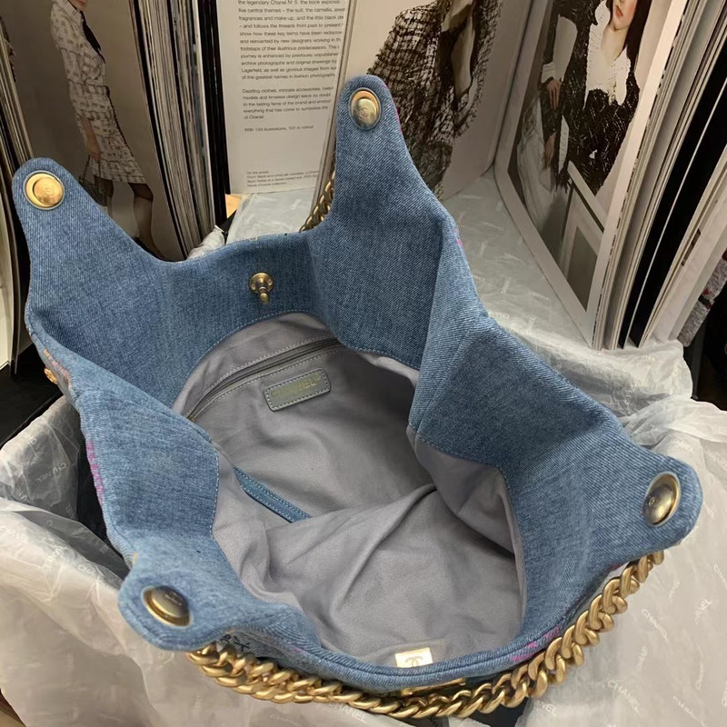 Ch*el  maxi hobo bag printed denim & gold-tone metal blue & multicolor