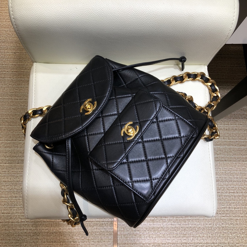 Ch*el lambskin duma gold hardware backpack black