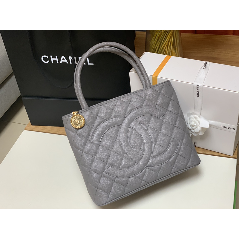 Ch*el medallion tote bag ghw caviar skin leather grey
