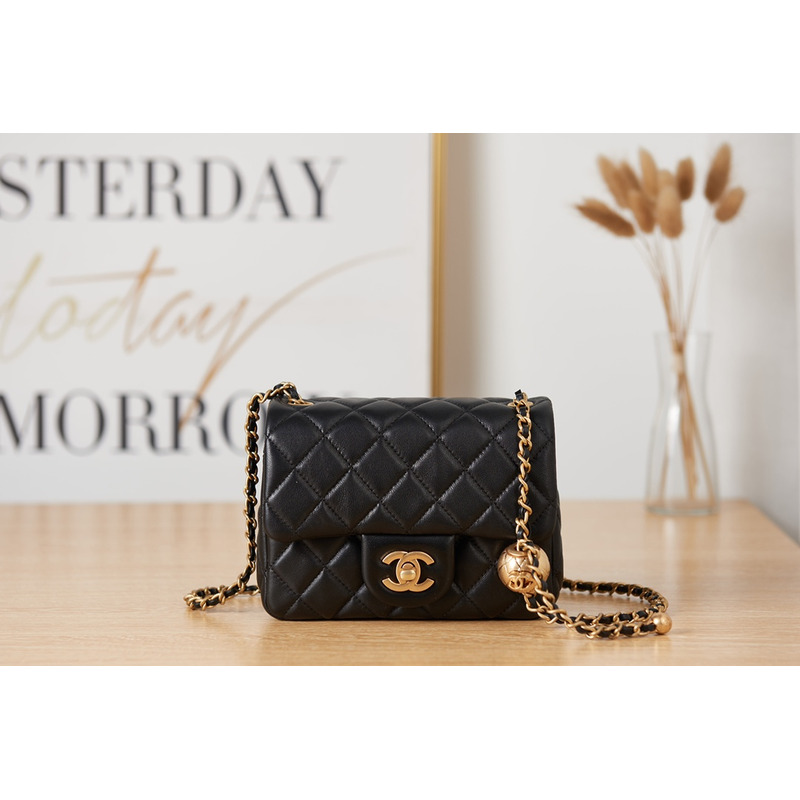 ch*el flap bag black gold cc gold beads with suede Di*m*nd pattern shoulder bag