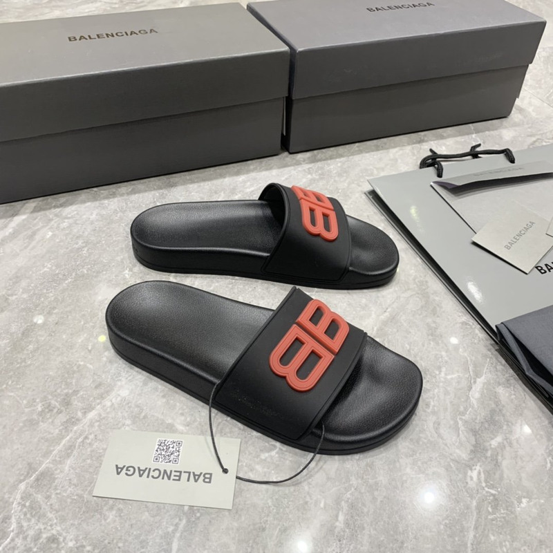 Ba*len*cia*ga  pool slides 3d bb logo red black