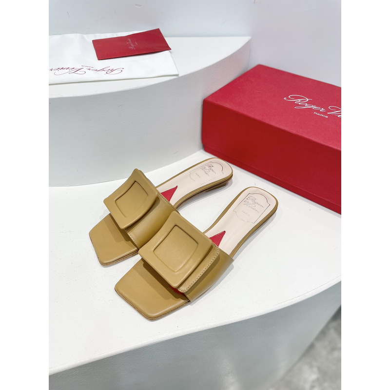 Roger Vivier Covered Buckle Leather Mules Dark Beige