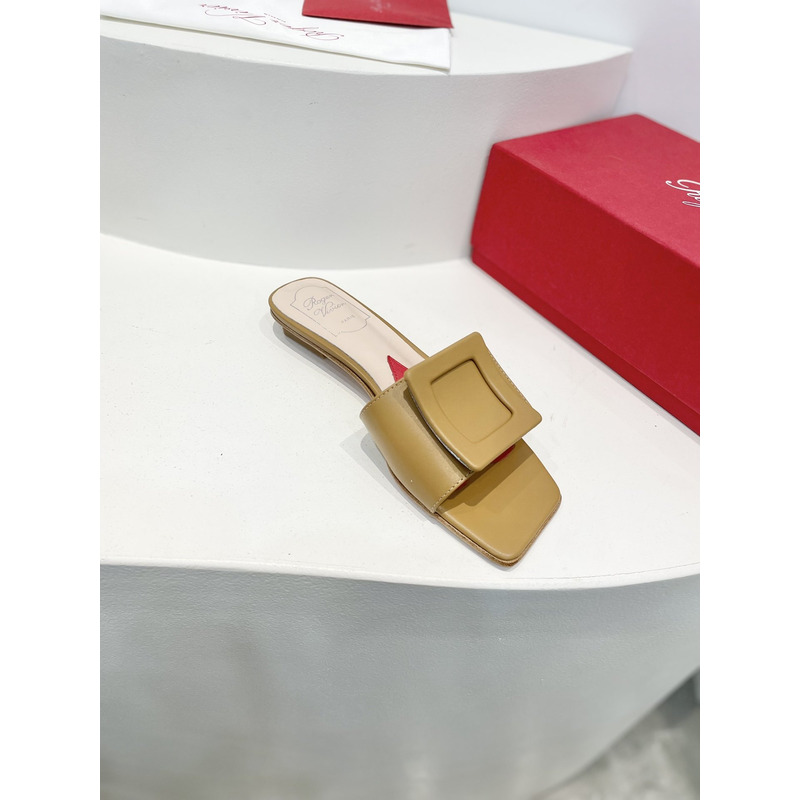Roger Vivier Covered Buckle Leather Mules Dark Beige