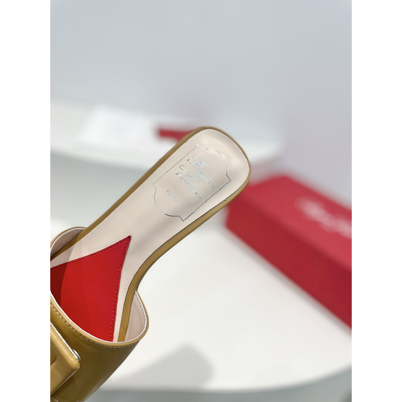 Roger Vivier Covered Buckle Leather Mules Dark Beige