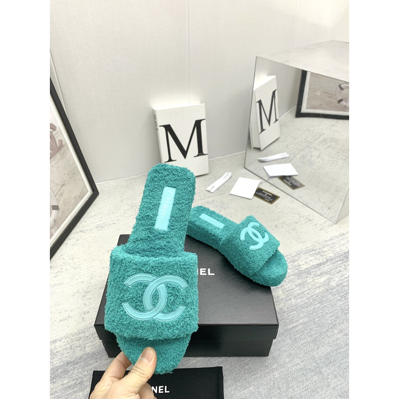 Ch*el lamb down fabric mules green