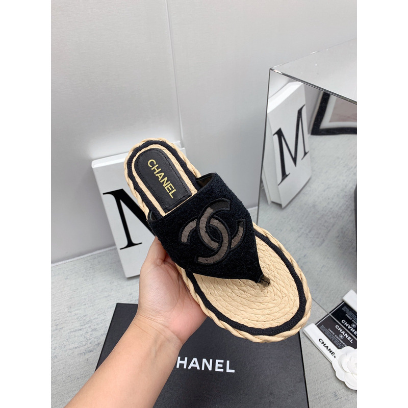Ch*el casual style flip flops elegant style logo flat sandals black