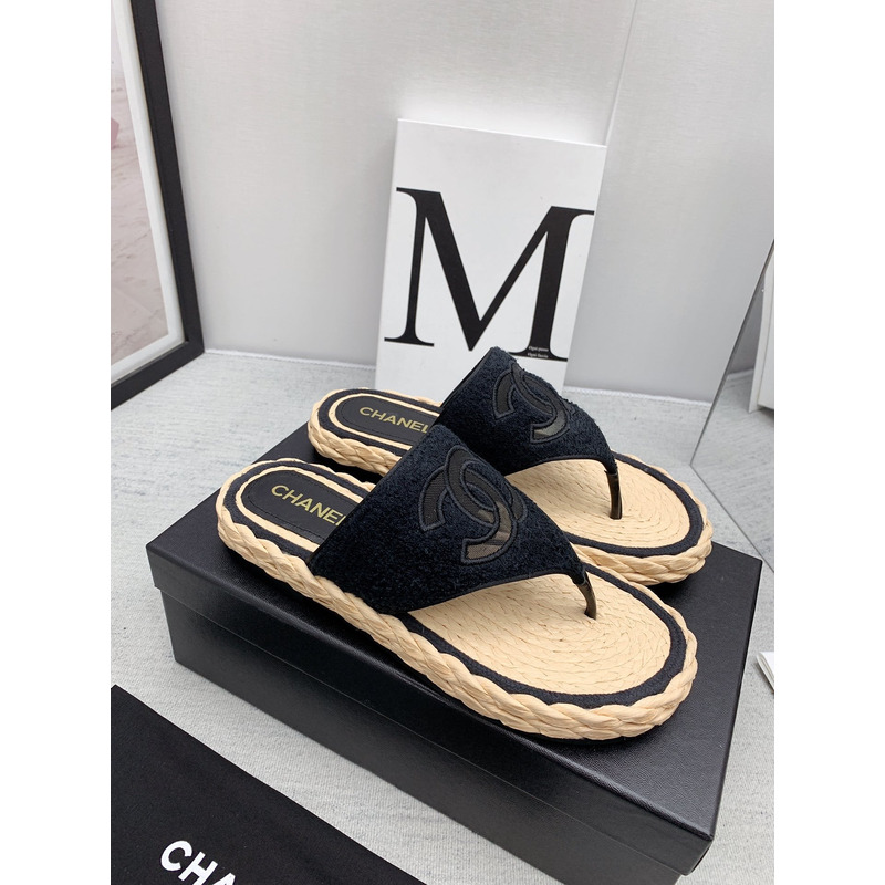 Ch*el casual style flip flops elegant style logo flat sandals black