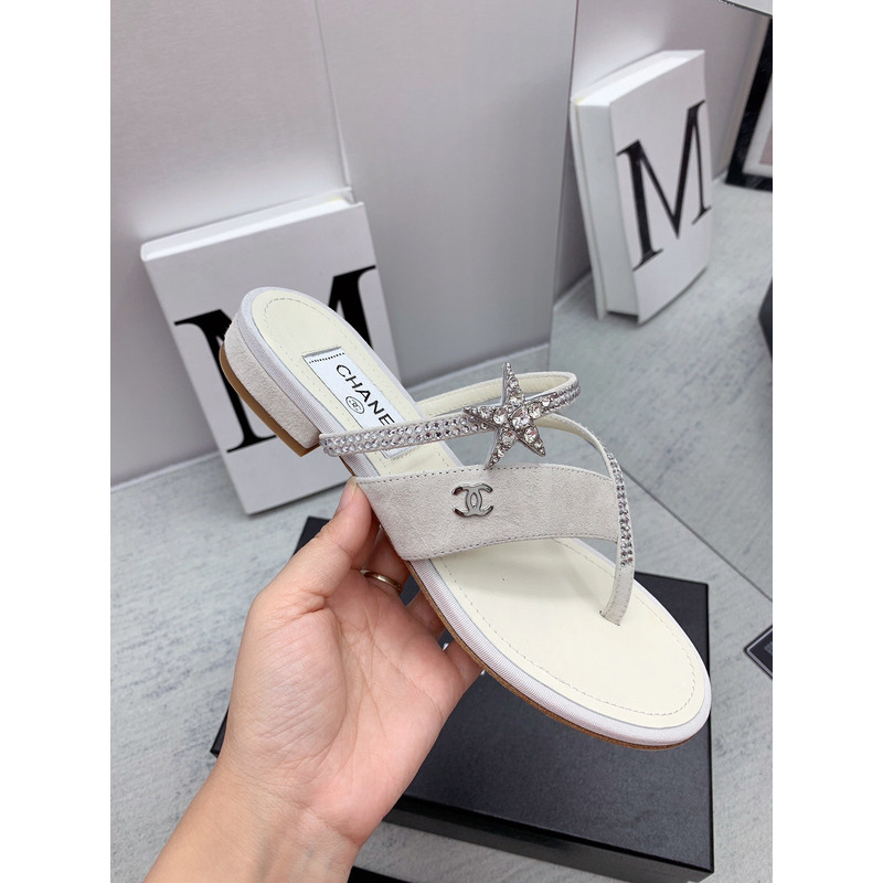 Ch*el suede calfskin & strass sandal white