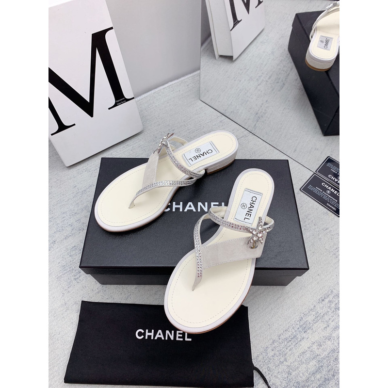 Ch*el suede calfskin & strass sandal white