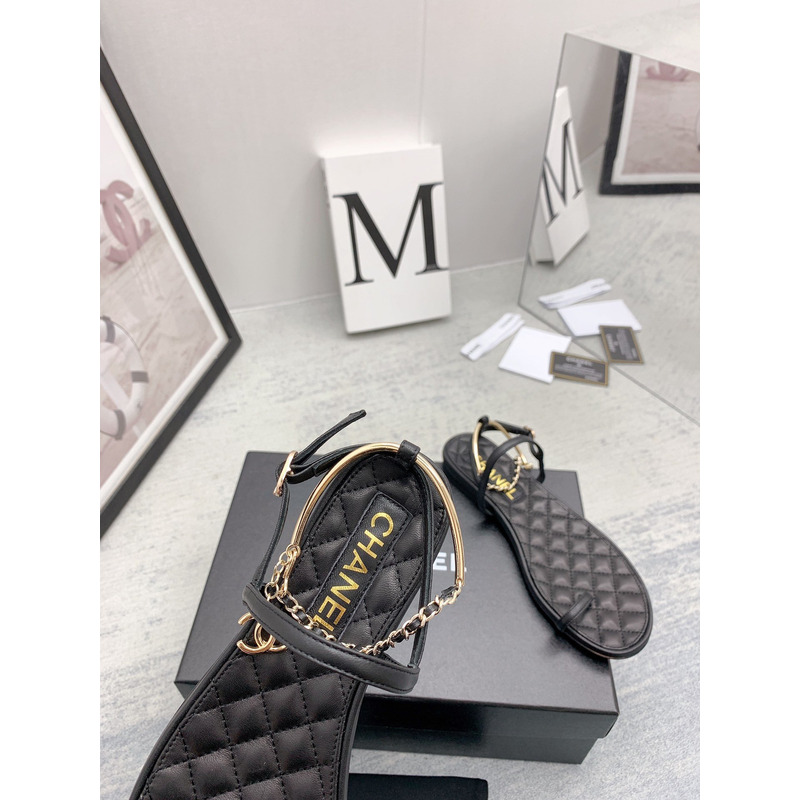 Ch*el leather quilted thong sandals black