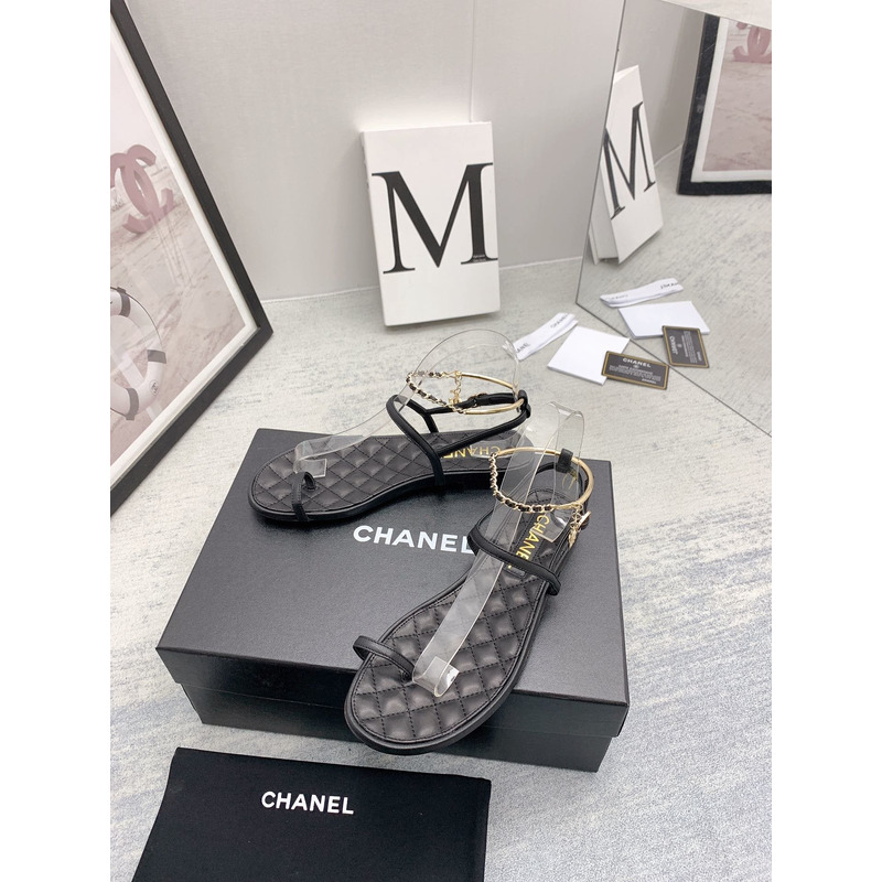 Ch*el leather quilted thong sandals black