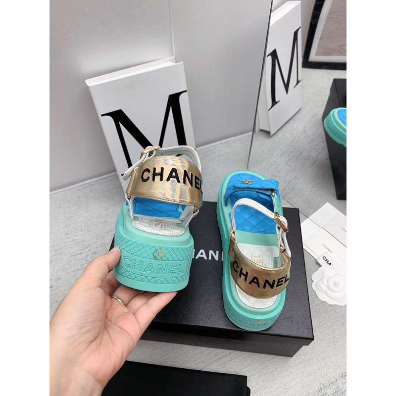 Ch*el leather sandals mint&blue