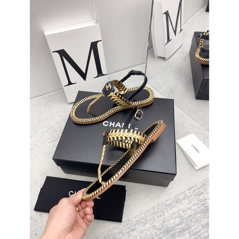 Ch*el braided flat thong sandals black