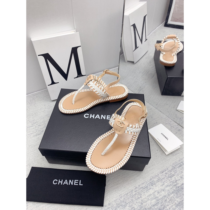 Ch*el braided flat thong sandals beige
