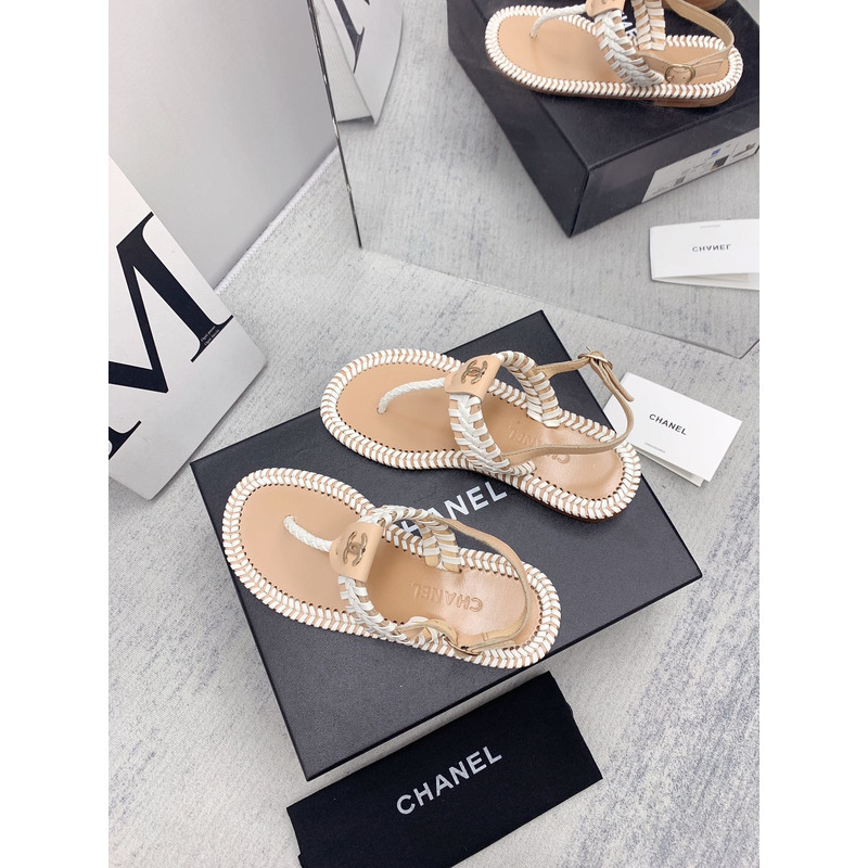 Ch*el braided flat thong sandals beige