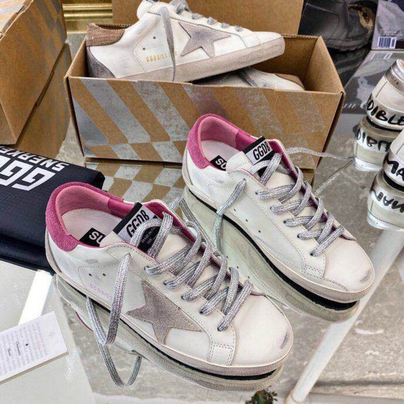 golden goose men’s S*per-star sneakers with suede star and pink heel tab