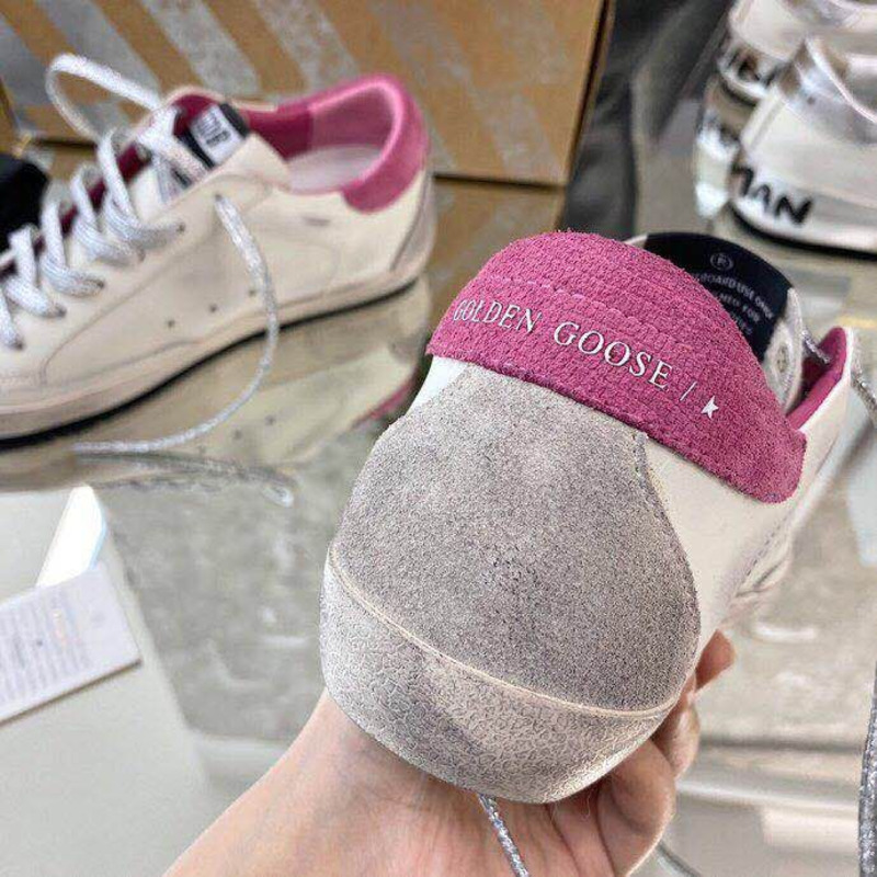 golden goose men’s S*per-star sneakers with suede star and pink heel tab