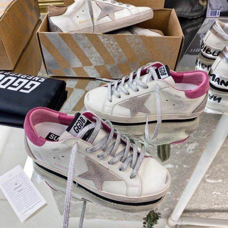 golden goose men’s S*per-star sneakers with suede star and pink heel tab