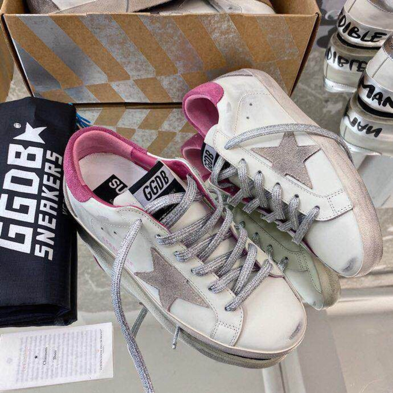 golden goose men’s S*per-star sneakers with suede star and pink heel tab