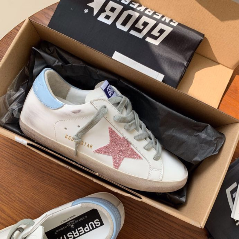 golden goose S*per-star sneakers with pink glitter and blue heel tab