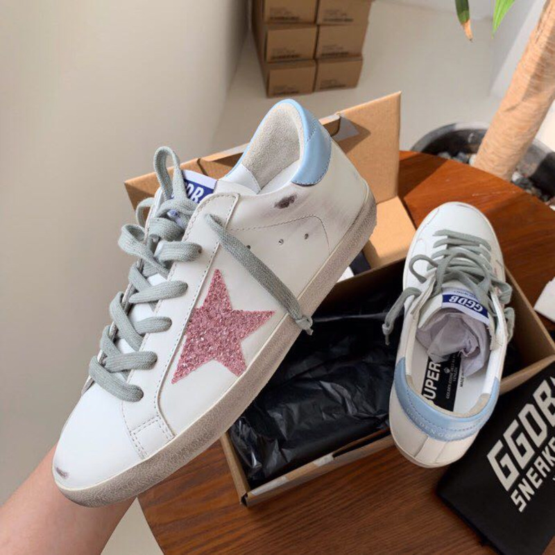 golden goose S*per-star sneakers with pink glitter and blue heel tab