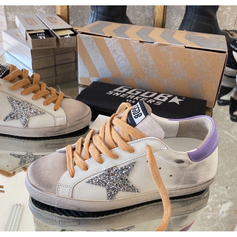 golden goose S*per-star sneakers with sliver glitter and purple heel tab