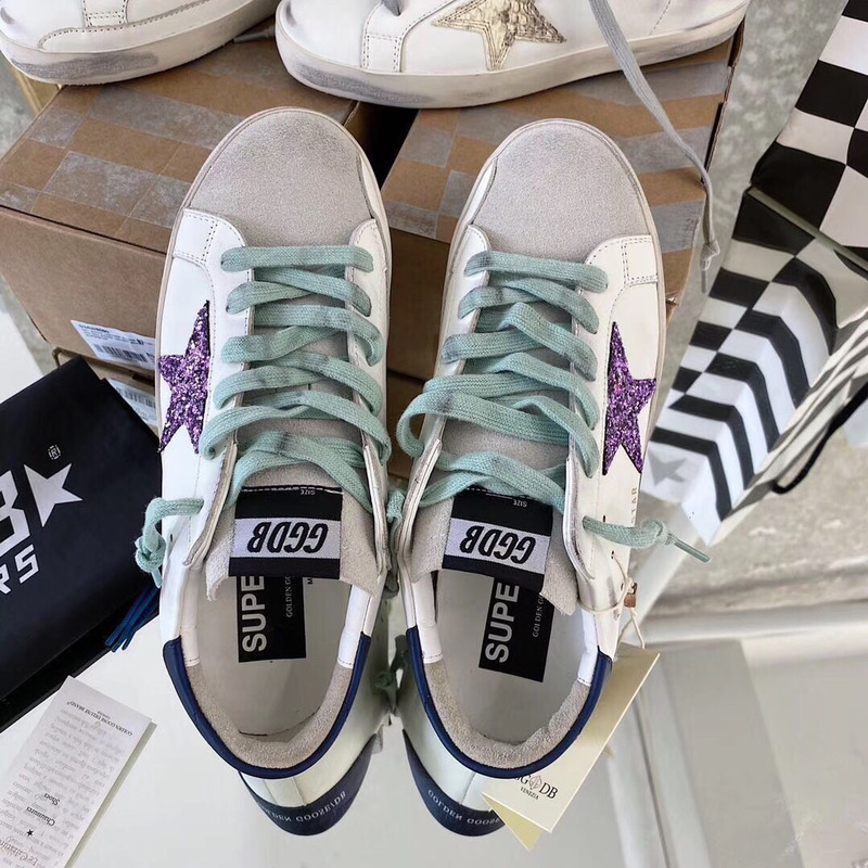 golden goose S*per-star sneakers with purple glitter and blue heel tab