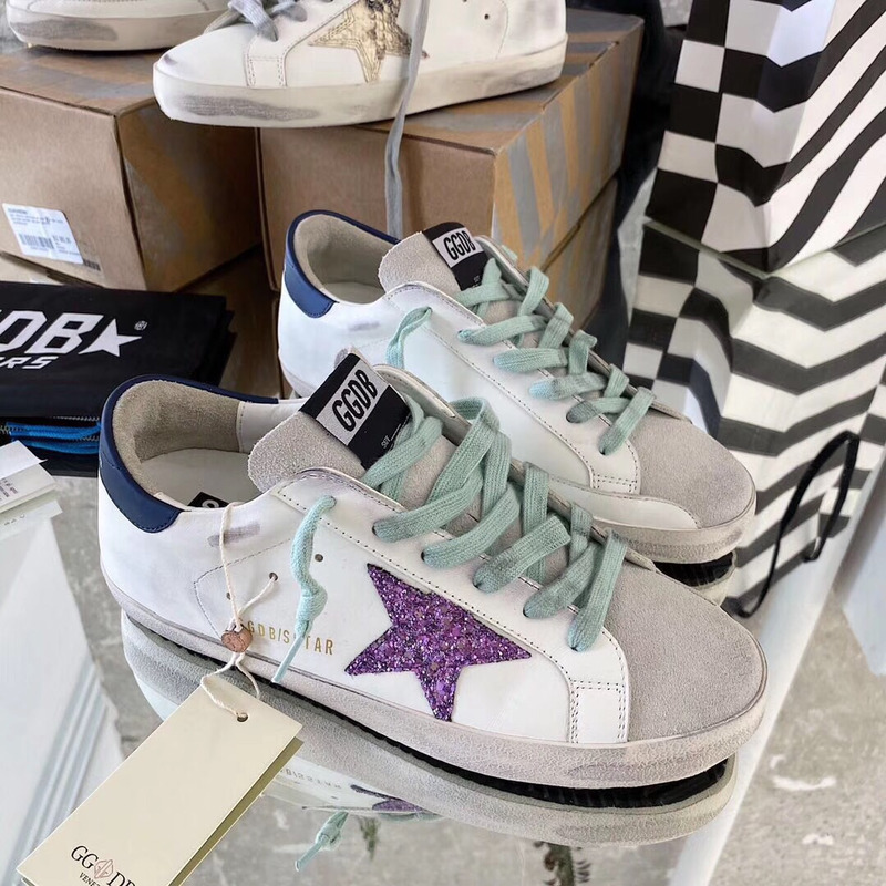 golden goose S*per-star sneakers with purple glitter and blue heel tab