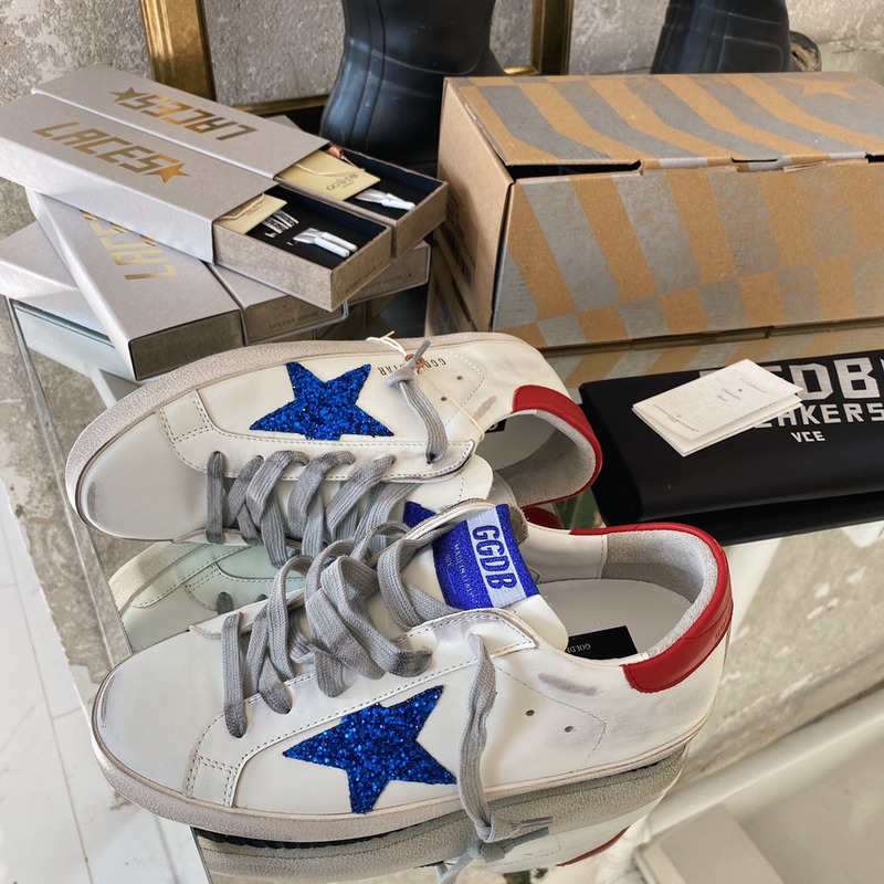 golden goose S*per-star sneakers with blue glitter and red heel tab