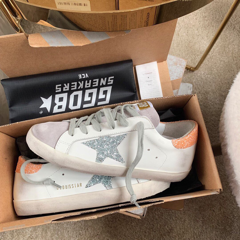 golden goose S*per-star sneakers with sliver glitter and orange heel tab