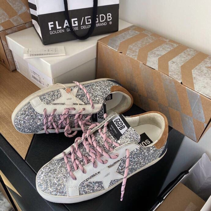 golden goose men’s S*per-star sneakers with sliver glitter and brown heel tab