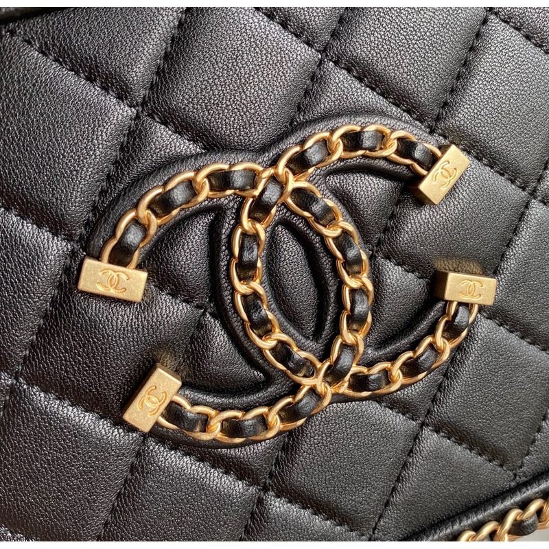 Ch*el glossy sheepskin small camera bag black