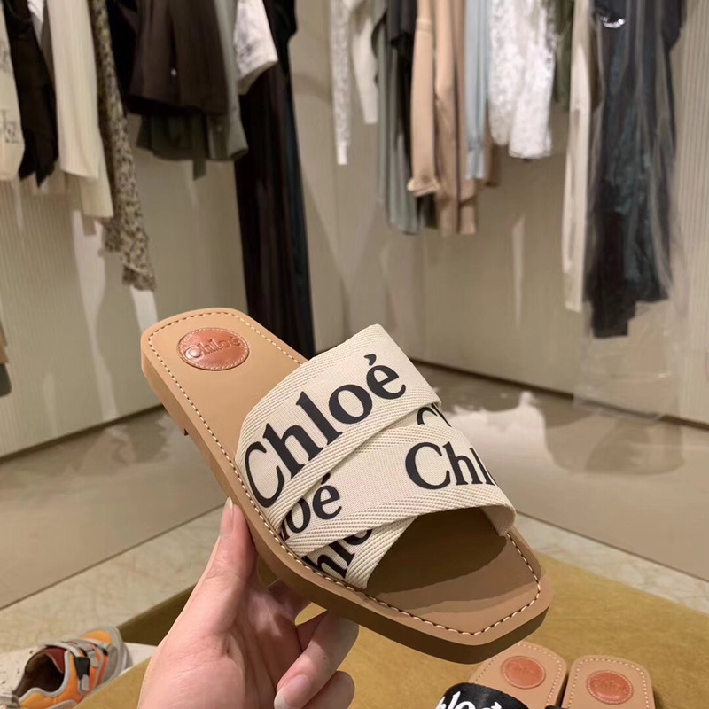 Chloe Woody Canvas Slides Beige