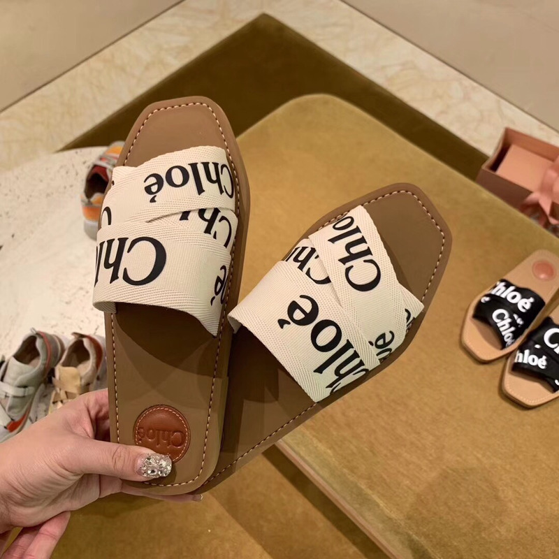 Chloe Woody Canvas Slides Beige