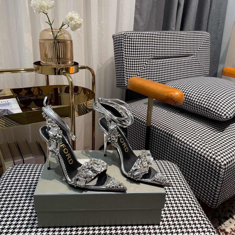 Tom Ford Mirror Leather And Crystal Stones Pointy Jewel Sandal Sliver