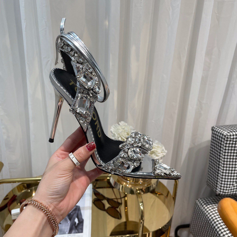 Tom Ford Mirror Leather And Crystal Stones Pointy Jewel Sandal Sliver