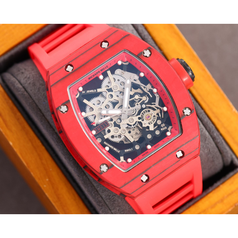 Richard Mille RM35 Men Mechanical Rubber Band Watch Red Strap&Red Case