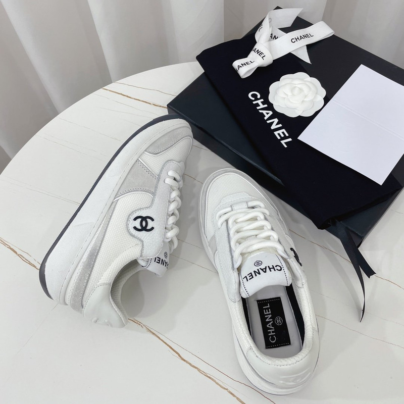 Ch*el fabric calf suede & caviar calf leather white grey & white